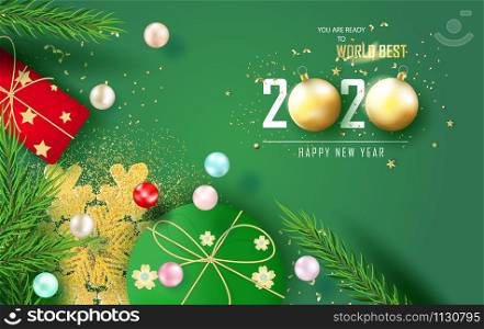 Top view Merry Christmas tree pine and New Year horizontal banner.Green tone background with realistic gold snowflakes and sparkling light garlands.Gift box and balls and golden confetti.Graphic frame