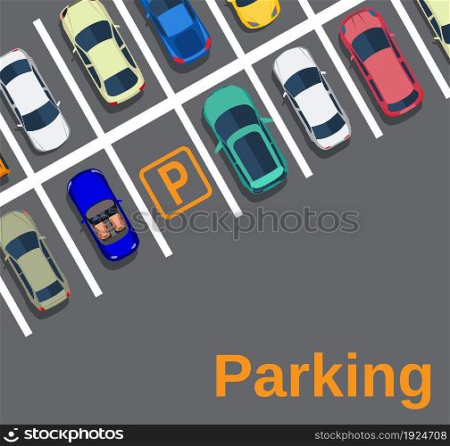 Top view of a city parking lot with a set of different cars. Shortage parking spaces. Parking zone. vector illustration in flat design, web banner. Top view of a city parking