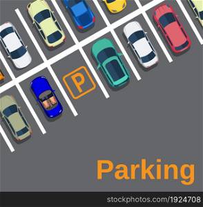 Top view of a city parking lot with a set of different cars. Shortage parking spaces. Parking zone. vector illustration in flat design, web banner. Top view of a city parking