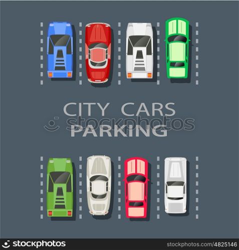 Top view of a city parking . Top view of a city parking lot with a set of different cars