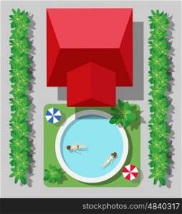 Top view of a country house with a pool and trees. top view of a country