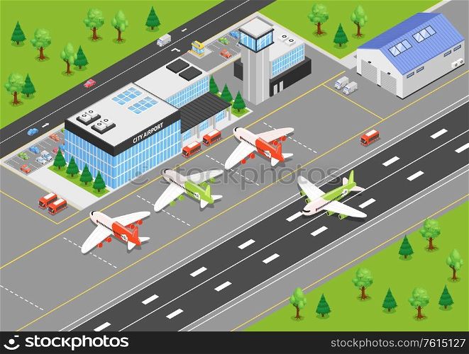 Top view of airport isometric background with terminal building airplanes on airfield and runways vector illustration