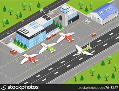Top view of airport isometric background with terminal building airplanes on airfield and runways vector illustration