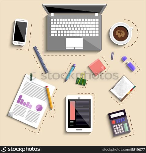 Top view of business people workplace with laptop, digital tablet, smartphone and different office elements