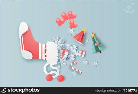 Top view of Christmas red sock decoration with white snowflakes. Graphic design for Christmas and winter. Minimal cover sweet pastel. paper cut and paper craft design. Happy new year Winter season.