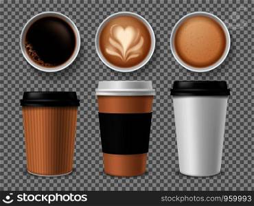 Top view of coffee cup. Espresso and latte or cappuccino in takeaway paper cups isolated vector professional different model coffe brand realistic package set. Top view of coffee cup. Espresso and latte or cappuccino in takeaway paper cups isolated vector professional different model set