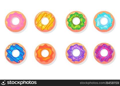 Top view of colorful donuts flat item set. Cartoon glazed doughnuts with pink, blue, green icing isolated vector illustration collection. Desserts and sweet snacks concept