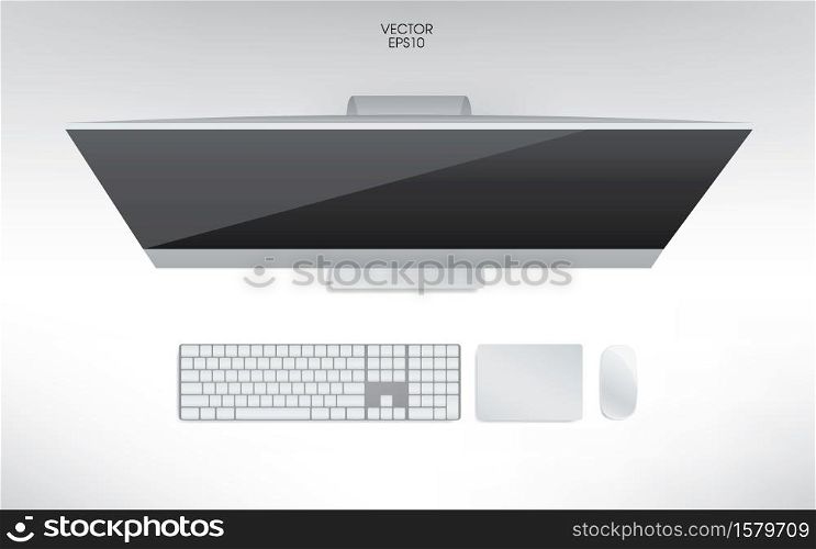 Top view of computer, keyboard, mouse and track pad. Mock up template for adding your content or digital business concept. Vector illustration.