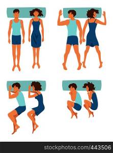 Top view of couple sleeping together in different funny positions. Vector collection in cartoon style. Woman and man sleep in bed illustration. Top view of couple sleeping together in different funny positions. Vector collection in cartoon style