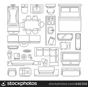 Top view of different furniture set for layout of the apartment. Vector mono line pictures set. Linear apartment house plan, bedroom and kitchen illustration. Top view of different furniture set for layout of the apartment. Vector mono line pictures set