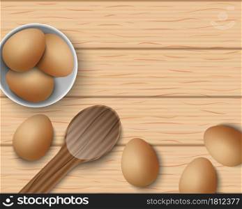 Top view of fresh eggs on wooden table, vector illustration