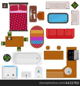 Top View Of Home Furniture. Top view of home furniture decorative icons with bed sofa chair desk table kitchen set bath sink toilet isolated vector illustration