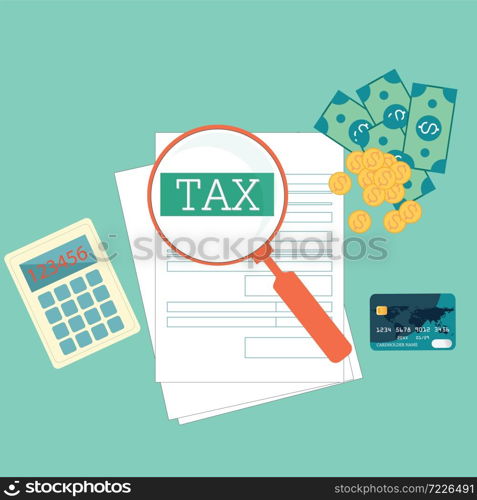 Top view of Magnifying glass searching tax form, Modern concept for web banners, websites, Creative flat design vector illustration.