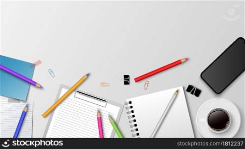Top view of modern workplace, coffee paper note pencil on the white background and copy space for text, business concept, vector illustration