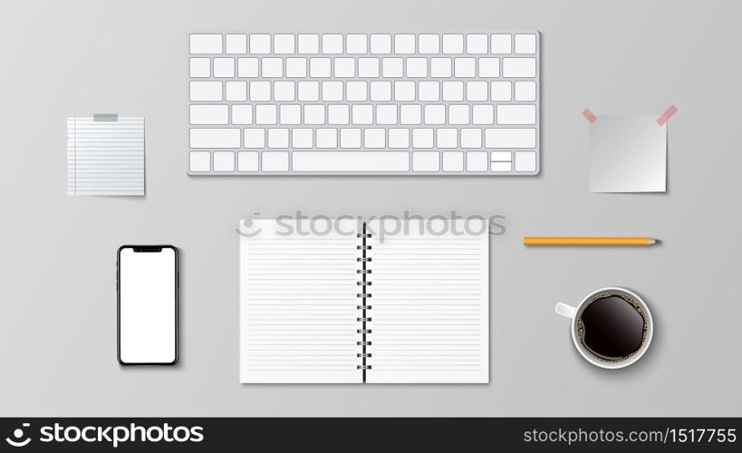 Top view of modern workplace, keyboard coffee paper note pencil on the white background and copy space for text, business concept, vector illustration