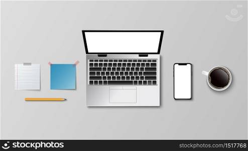 Top view of modern workplace, laptop coffee paper note pencil on the white background and copy space for text, business concept, vector illustration