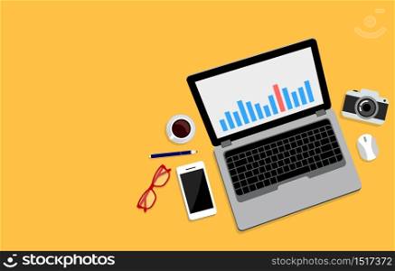 Top view of office worker desk with utilities and stationary including lap top. Business objectives goals progress improvement concept. Vector illustration on yellow background.