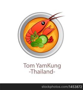 top view of popular food of Thailand,Tom Yum Kung,in cartoon vector design