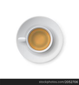 Top view of realistic white cup with coffee drink and saucer. Ceramic mug. Morning caffeine hot beverage serving, classic tableware with cappuccino, menu element for cafe, vector isolated object. Top view of realistic white cup with coffee drink and saucer. Ceramic mug. Morning caffeine hot beverage serving, classic tableware with cappuccino, menu element vector isolated object