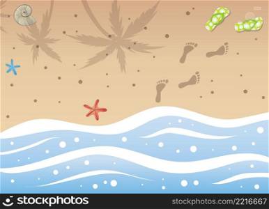 Top view of sea shore waves with marine stars, shell, flip flops and footprints on sand with palm tree shadow. Summertime vector illustration with copy space for text.