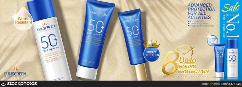 Top view of sunscreen set on sand beach in 3d illustration, summer advertising. sunscreen set advertising
