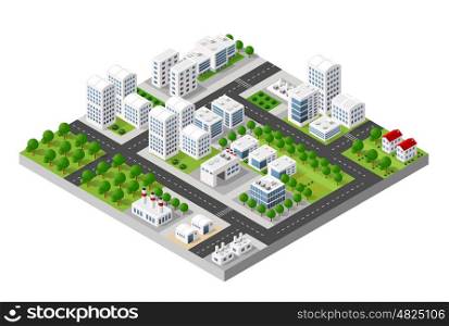 Top view of the city and the construction industry with isometric factories, mills, boilers and warehouses.