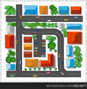 Top view of the city. Top view of the city. Urban street with houses and trees