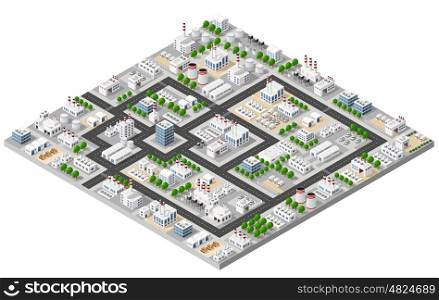 Top view of the construction industry and with 3d isometric factories, mills, boilers and warehouses.