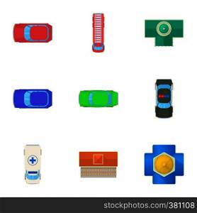 Top view of transport icons set. Cartoon illustration of 9 top view of transport vector icons for web. Top view of transport icons set, cartoon style