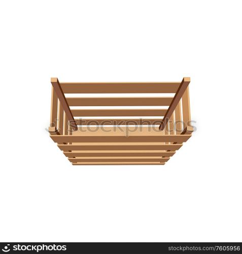 Top view of wooden crate to store grocery goods isolated. Vector box of planks, empty container. Container or wooden crate of planks isolated box