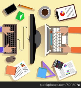 Top view of workplace hands with laptop, notebook, pencils, stationery pc and documents in flat design