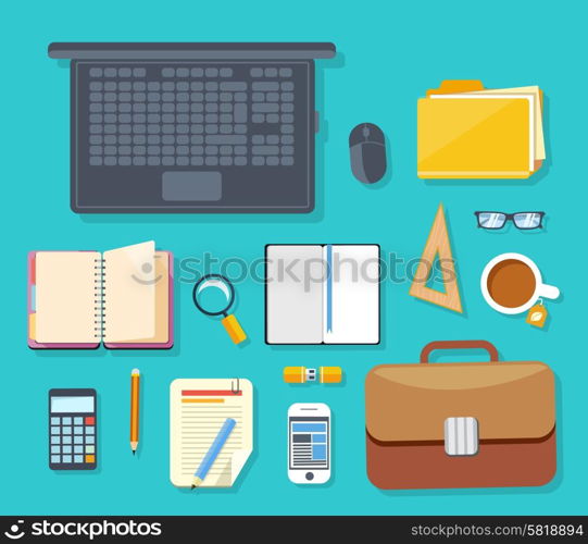 Top view of workplace with laptop, briefcase, calculator, smartphone, stationery and documents