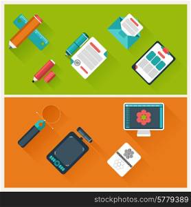 Top view of workplace with office supplies, digital devices and documents flat design