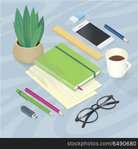 Top View of Workplace with Office Supplies. Table accessories. Notebook glasses pen pencil driver, ruler rubber cup of coffee. Top view of workplace with office supplies, digital devices and documents. Vector illustration in flat style