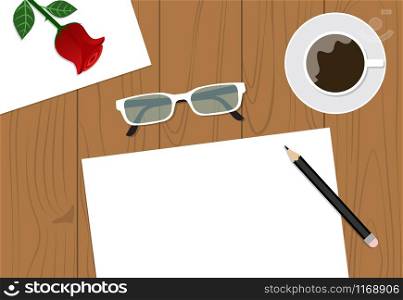 Top view of workspace desk with copy space and cup on background - Vector illustration
