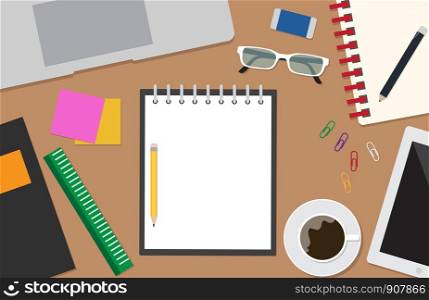 Top view of workspace vector set with stationery office on desk background - Vector illustration