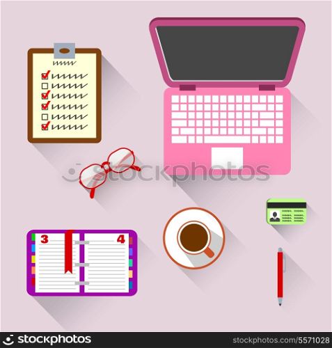 Top view on business workplace with book computer coffee and glasses vector illustration