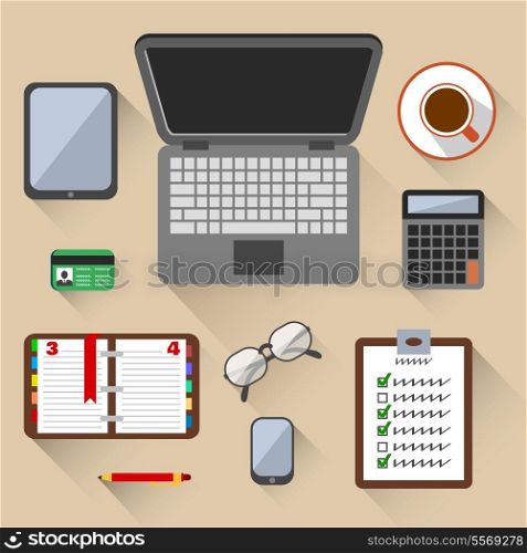 Top view on business workplace with laptop mobile phone glasses and id card vector illustration