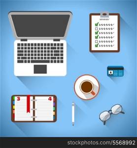 Top view on business workplace with notebook coffee glasses and documents vector illustration