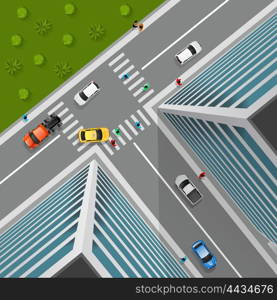 Top View On City Crossroad. Top view on city crossroad in 3d design with cars pedestrians truck in business district vector illustration