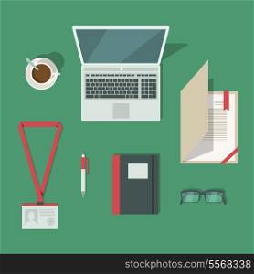 Top view on classic office workplace desk isolated vector illustration