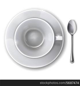 Top view on empty white cup with saucer and spoon on a white background. Mesh. Isolated. This file contains transparency.