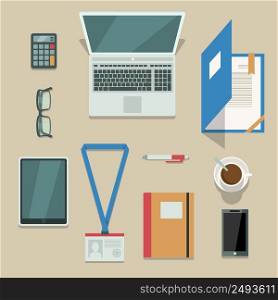Top view on office workplace with mobile devices and documents isolated vector illustration