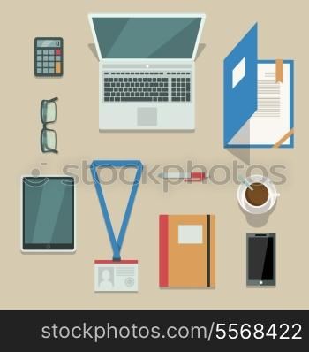 Top view on office workplace with mobile devices and documents isolated vector illustration