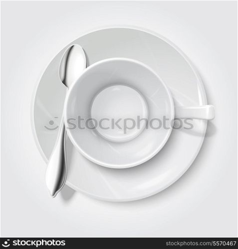 Top view on realistic empty white cup with saucer and chrome spoon isolated vector illustration