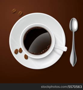 Top view on realistic white cup filled with black classic espresso with coffee beans vector illustration