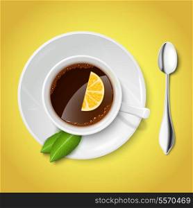 Top view on realistic white cup filled with black tea lemon and mint vector illustration