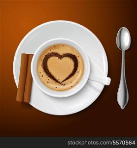 Top view on realistic white cup filled with coffee and cream decorated by a cinnamon pattern in the form of heart vector illustration
