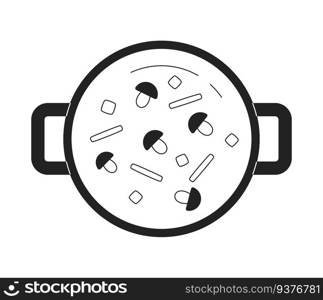 Top view on vegetables in pot monochrome flat vector object. Boiling soup. Editable black and white thin line icon. Simple cartoon clip art spot illustration for web graphic design. Top view on vegetables in pot monochrome flat vector object