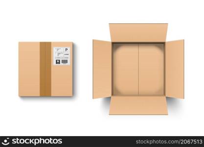Top view open and closed cardboard box with shipment label isolated on white background, vector illustration